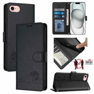 For iPhone SE 2022/SE 2020/6/7/8 Cat Rat Embossed Pattern RFID Leather Phone Case with Lanyard(Black)