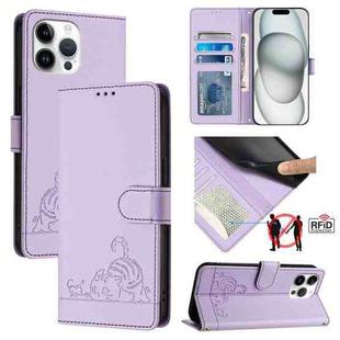 For iPhone 13 Pro Max Cat Rat Embossed Pattern RFID Leather Phone Case with Lanyard(Purple)