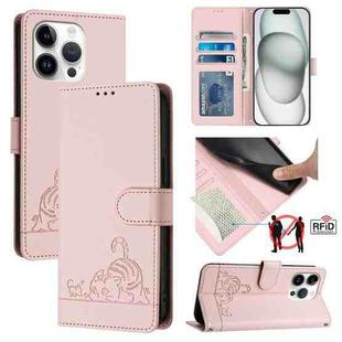 For iPhone 13 Pro Cat Rat Embossed Pattern RFID Leather Phone Case with Lanyard(Pink)