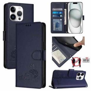 For iPhone 13 Pro Cat Rat Embossed Pattern RFID Leather Phone Case with Lanyard(Blue)