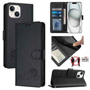 For iPhone 13 mini Cat Rat Embossed Pattern RFID Leather Phone Case with Lanyard(Black)