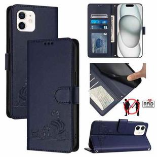 For iPhone 12 mini Cat Rat Embossed Pattern RFID Leather Phone Case with Lanyard(Blue)