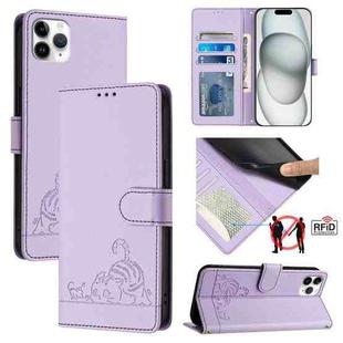 For iPhone 11 Pro Max Cat Rat Embossed Pattern RFID Leather Phone Case with Lanyard(Purple)
