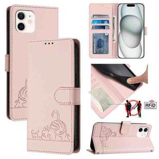 For iPhone 11 Cat Rat Embossed Pattern RFID Leather Phone Case with Lanyard(Pink)