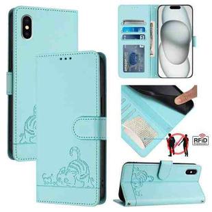 For iPhone XS / X Cat Rat Embossed Pattern RFID Leather Phone Case with Lanyard(Mint Green)