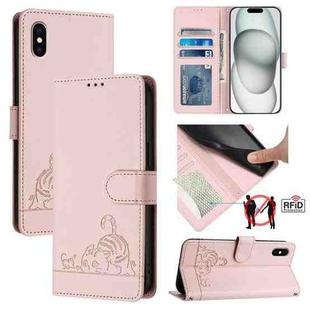 For iPhone XS / X Cat Rat Embossed Pattern RFID Leather Phone Case with Lanyard(Pink)