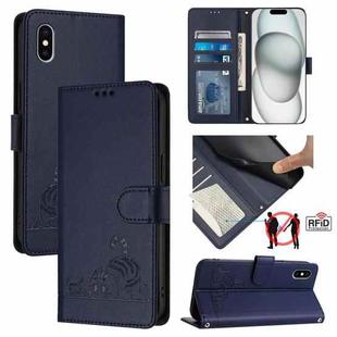 For iPhone XS / X Cat Rat Embossed Pattern RFID Leather Phone Case with Lanyard(Blue)