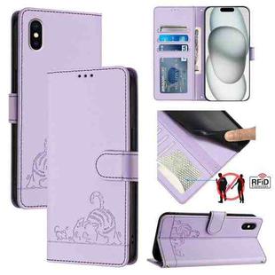 For iPhone XS / X Cat Rat Embossed Pattern RFID Leather Phone Case with Lanyard(Purple)