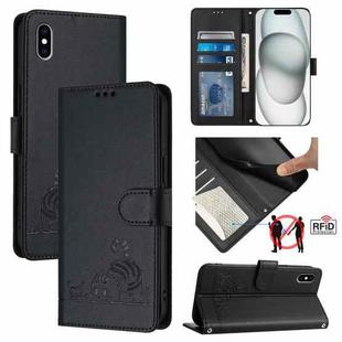 For iPhone XS Max Cat Rat Embossed Pattern RFID Leather Phone Case with Lanyard(Black)