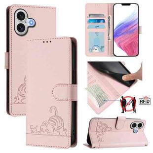For iPhone 17 Cat Rat Embossed Pattern RFID Leather Phone Case with Lanyard(Pink)
