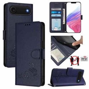 For iPhone Air Cat Rat Embossed Pattern RFID Leather Phone Case with Lanyard(Blue)