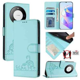 For Huawei Mate 60 Cat Rat Embossed Pattern RFID Leather Phone Case with Lanyard(Mint Green)