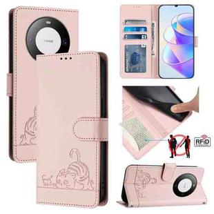 For Huawei Mate 60 Cat Rat Embossed Pattern RFID Leather Phone Case with Lanyard(Pink)
