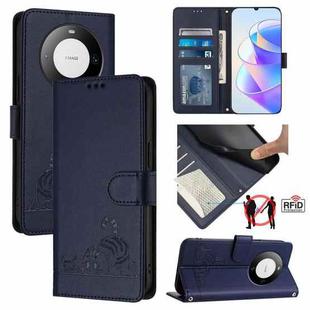 For Huawei Mate 60 Cat Rat Embossed Pattern RFID Leather Phone Case with Lanyard(Blue)