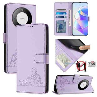 For Huawei Mate 60 Cat Rat Embossed Pattern RFID Leather Phone Case with Lanyard(Purple)