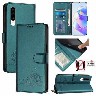 For Huawei P30 Cat Rat Embossed Pattern RFID Leather Phone Case with Lanyard(Peacock Green)