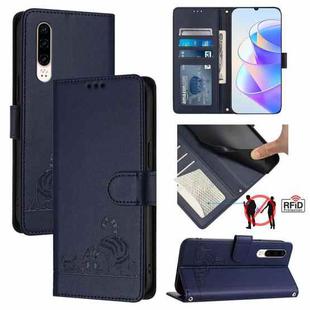 For Huawei P30 Cat Rat Embossed Pattern RFID Leather Phone Case with Lanyard(Blue)