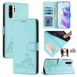 For Huawei P30 Pro Cat Rat Embossed Pattern RFID Leather Phone Case with Lanyard(Mint Green)