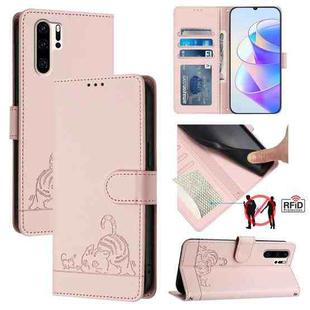 For Huawei P30 Pro Cat Rat Embossed Pattern RFID Leather Phone Case with Lanyard(Pink)
