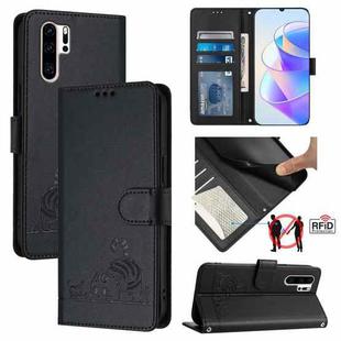 For Huawei P30 Pro Cat Rat Embossed Pattern RFID Leather Phone Case with Lanyard(Black)