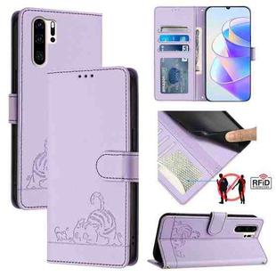 For Huawei P30 Pro Cat Rat Embossed Pattern RFID Leather Phone Case with Lanyard(Purple)