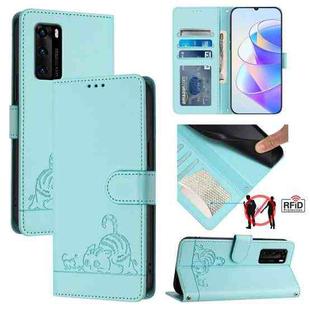 For Huawei P40 Cat Rat Embossed Pattern RFID Leather Phone Case with Lanyard(Mint Green)