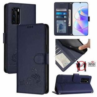 For Huawei P40 Cat Rat Embossed Pattern RFID Leather Phone Case with Lanyard(Blue)