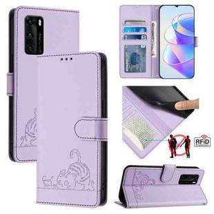 For Huawei P40 Cat Rat Embossed Pattern RFID Leather Phone Case with Lanyard(Purple)