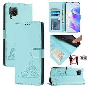For Huawei P40 lite 4G Cat Rat Embossed Pattern RFID Leather Phone Case with Lanyard(Mint Green)