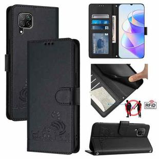 For Huawei nova 6 SE Cat Rat Embossed Pattern RFID Leather Phone Case with Lanyard(Black)