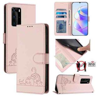 For Huawei P40 Pro Cat Rat Embossed Pattern RFID Leather Phone Case with Lanyard(Pink)