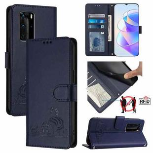 For Huawei P40 Pro Cat Rat Embossed Pattern RFID Leather Phone Case with Lanyard(Blue)