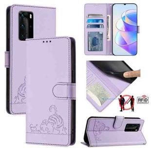 For Huawei P40 Pro Cat Rat Embossed Pattern RFID Leather Phone Case with Lanyard(Purple)