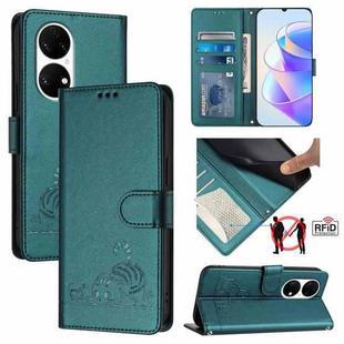 For Huawei P50 Cat Rat Embossed Pattern RFID Leather Phone Case with Lanyard(Peacock Green)