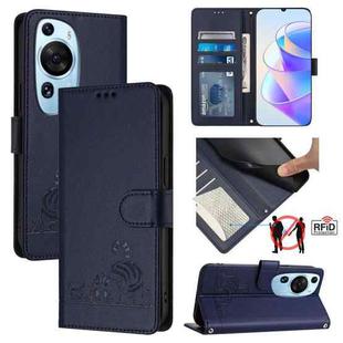 For Huawei P60 Art Cat Rat Embossed Pattern RFID Leather Phone Case with Lanyard(Blue)