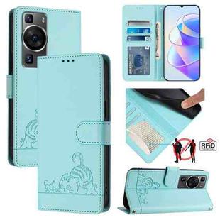 For Huawei P60/P60 Pro Cat Rat Embossed Pattern RFID Leather Phone Case with Lanyard(Mint Green)