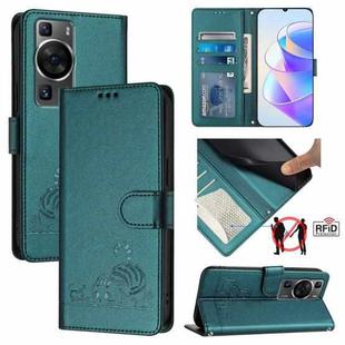 For Huawei P60/P60 Pro Cat Rat Embossed Pattern RFID Leather Phone Case with Lanyard(Peacock Green)