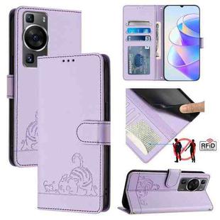 For Huawei P60/P60 Pro Cat Rat Embossed Pattern RFID Leather Phone Case with Lanyard(Purple)