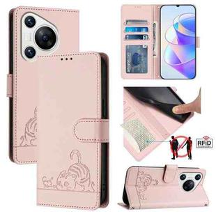 For Huawei Pura 70 Cat Rat Embossed Pattern RFID Leather Phone Case with Lanyard(Pink)