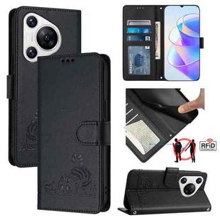 For Huawei Pura 70 Cat Rat Embossed Pattern RFID Leather Phone Case with Lanyard(Black)