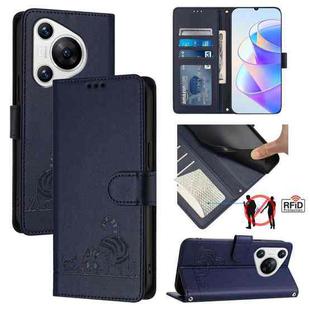 For Huawei Pura 70 Cat Rat Embossed Pattern RFID Leather Phone Case with Lanyard(Blue)