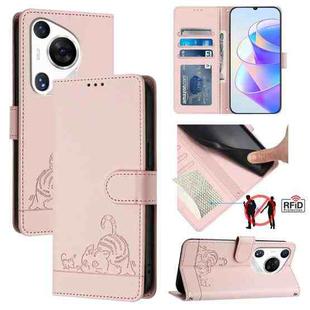 For Huawei Pura 70 Pro Cat Rat Embossed Pattern RFID Leather Phone Case with Lanyard(Pink)
