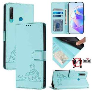 For Huawei Enjoy 9s 4G Cat Rat Embossed Pattern RFID Leather Phone Case with Lanyard(Mint Green)