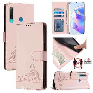 For Huawei Enjoy 9s 4G Cat Rat Embossed Pattern RFID Leather Phone Case with Lanyard(Pink)