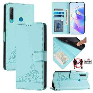 For Huawei P Smart 2019 Cat Rat Embossed Pattern RFID Leather Phone Case with Lanyard(Mint Green)