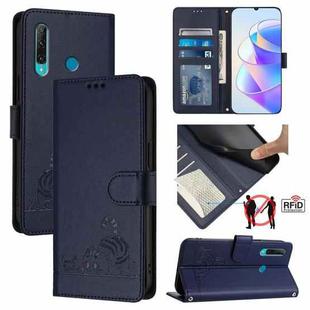 For Huawei P Smart+ 2019 Cat Rat Embossed Pattern RFID Leather Phone Case with Lanyard(Blue)