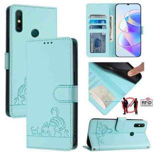 For Huawei P smart 2021 4G Cat Rat Embossed Pattern RFID Leather Phone Case with Lanyard(Mint Green)