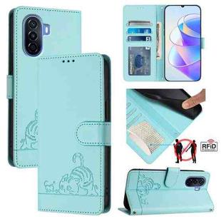 For Huawei Enjoy 50 4G Cat Rat Embossed Pattern RFID Leather Phone Case with Lanyard(Mint Green)