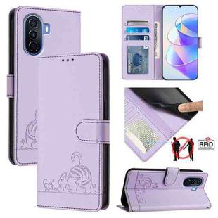 For Huawei Enjoy 50 4G Cat Rat Embossed Pattern RFID Leather Phone Case with Lanyard(Purple)