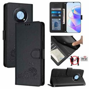 For Huawei nova Y90 Cat Rat Embossed Pattern RFID Leather Phone Case with Lanyard(Black)
